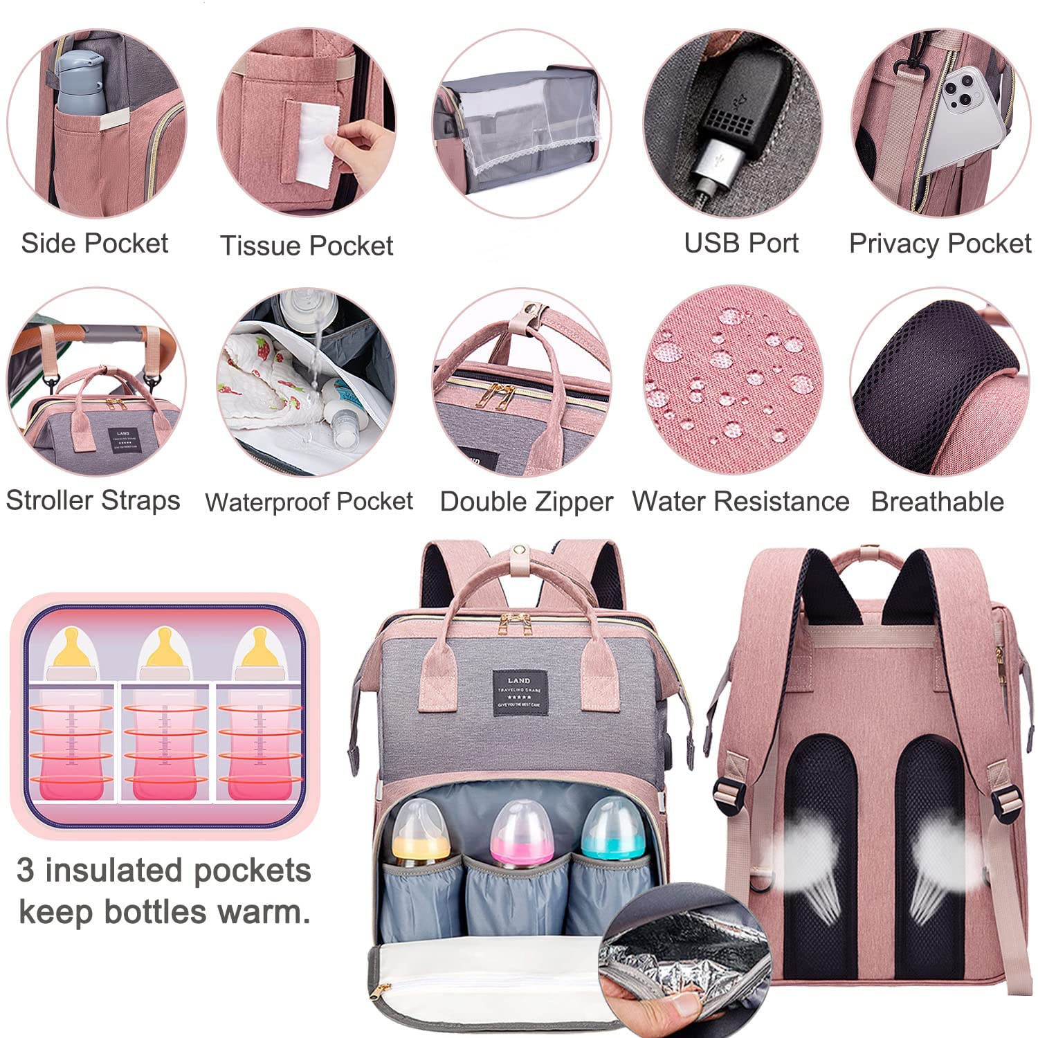 Baby Diaper Bags with Changing Station,Waterproof Diaper Bag Backpack for Moms Dads with USB Charging Port,Large Capacity Multifunctional Baby Essentials(Pink-Grey) - Image 3