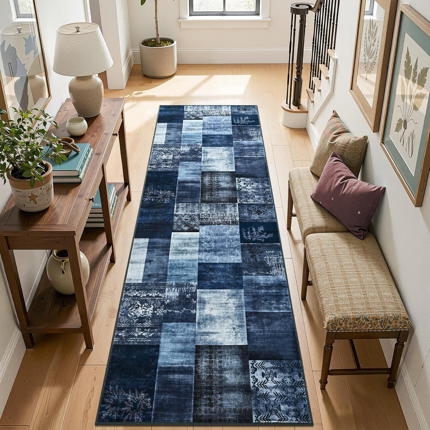 Modern Runner Rug for Living Room, 2X6 Washable Rugs for Bedroom Hallway, Geometric Patchwork Runner Rug Non-Slip Indoor Throw Carpet for Entryway Kitchen Office Home Decor, Blue - Image 4