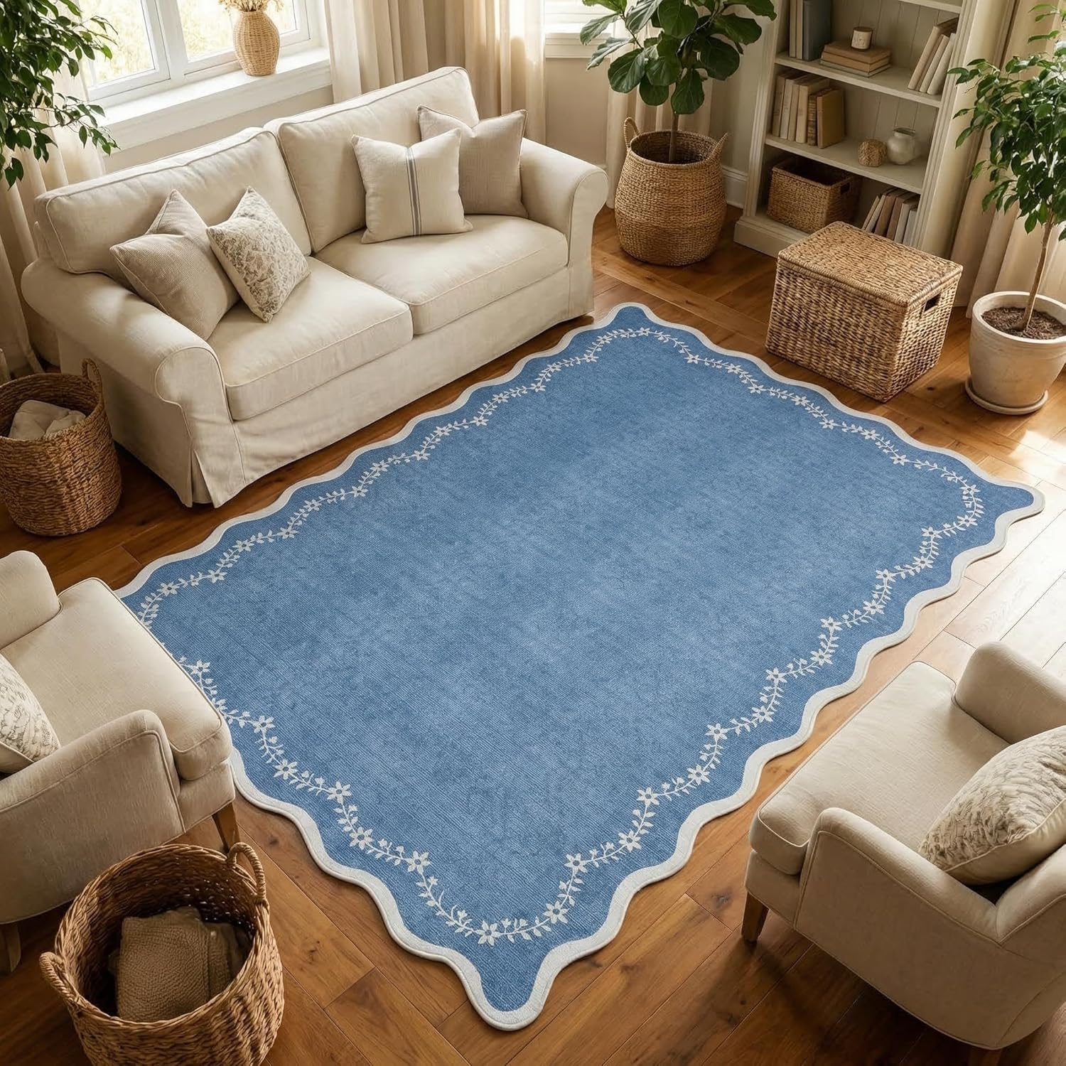 4X6 Blue Scalloped Washable Area Rug for Nursery Room, Solid Floral Soft Bedroom Rug Non Slip Low Pile Small Carpet Stain Resistant Throw Rug for Dorm Kids Room Office Dining Room - Image 4