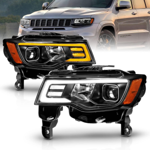 for 2017-2022 Jeep Grand Cherokee Switchback LED Bar Square Projector Black Headlights Assembly Set- Passenger and Driver Side