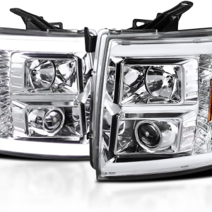 Chrome LED Light Tube Projector Headlights Compatible with 2007-2013 Chevy Silverado 1500 2500HD 3500HD, Left + Right Pair Headlamps Assembly