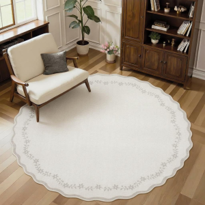 round Area Rugs 8Ft for Living Room, Large Solid Beige Washable Circle Rug Soft Non Slip Floral Print Floor Mat Carpet Indoor Thin Rug for Bedroom Dining Room Playroom Nursery