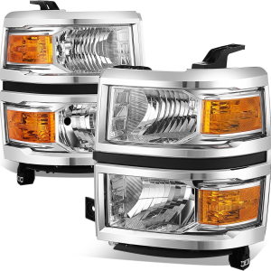 Headlights Assembly Compatible with 2014 2015 Chevy Silverado 1500, Driver and Passenger Side Halogen Headlamps Replacement, OE Style GM2502280 GM2503280, Chrome Housing Amber Corner