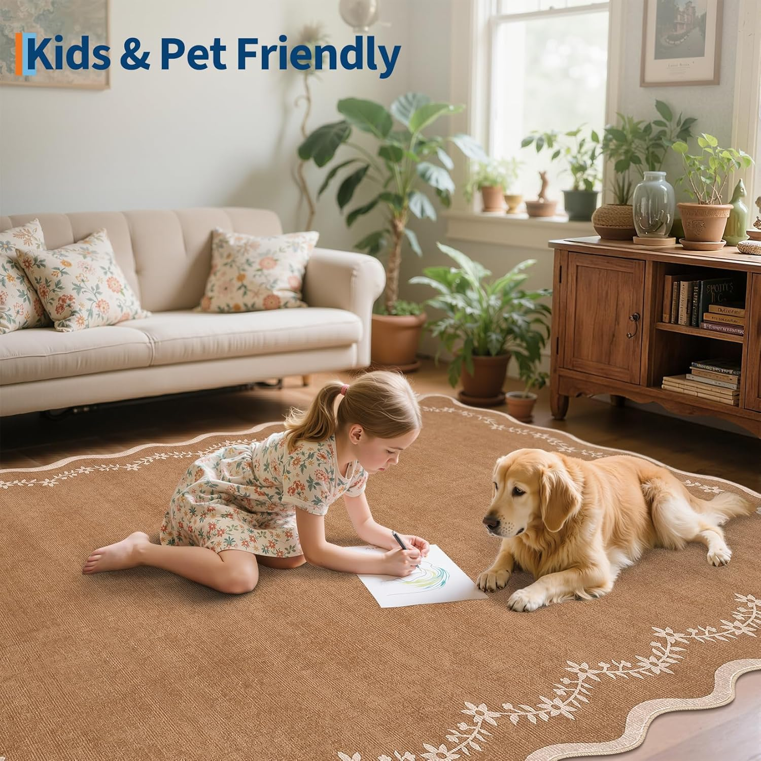 Scalloped round Area Rugs 8Ft for Living Room, Large Solid Brown Washable Circle Rug Soft Non Slip Floral Print Floor Mat Carpet Indoor Thin Rug for Bedroom Dining Room Playroom Nursery - Image 8
