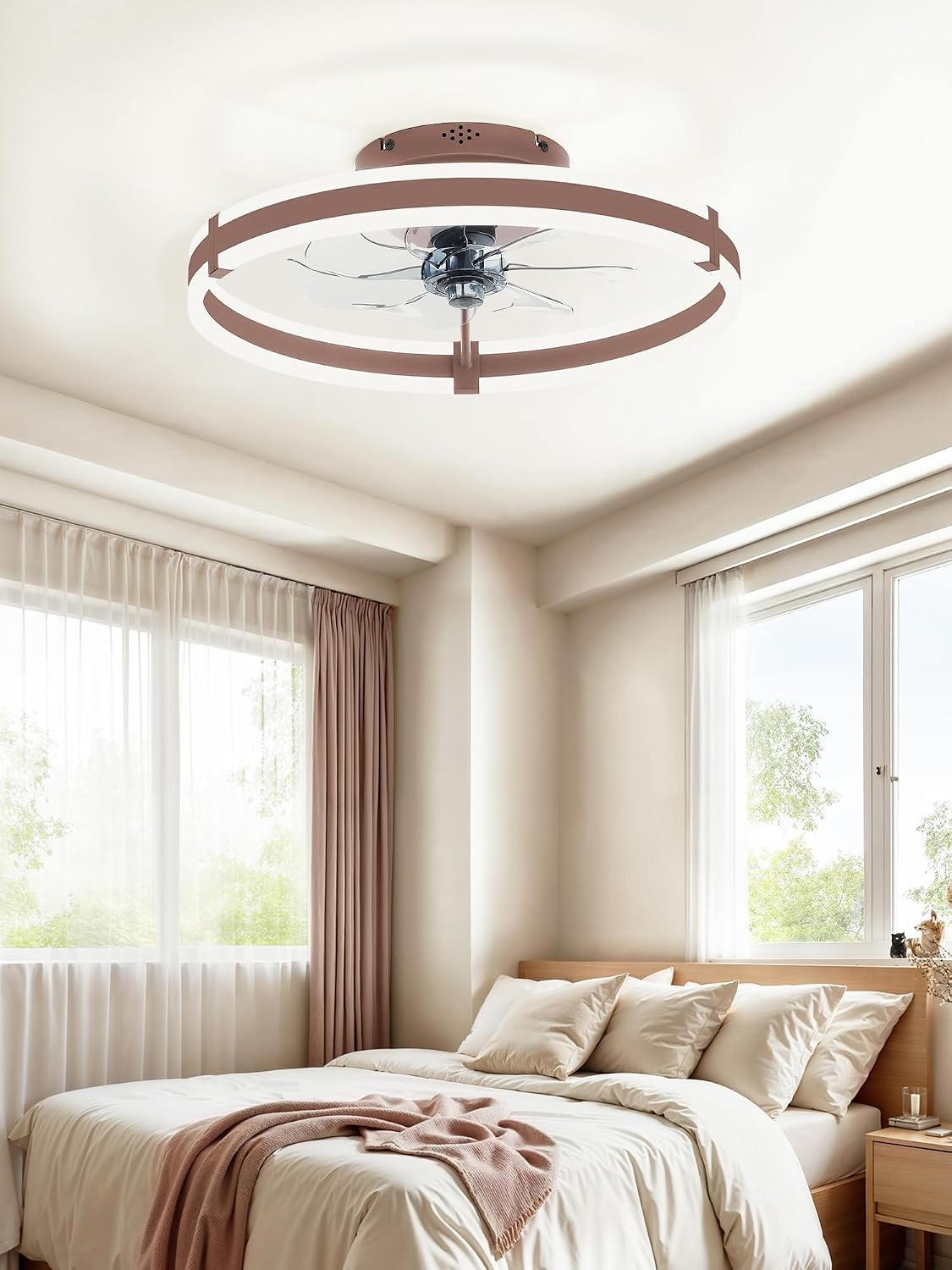 Ceiling Fans with Lights and Remote, 19.7'' Low Profile Ceiling Fan, 3000-6000K Dimmable Modern Flush Mount LED Fan Light, 6 Wind Speeds, Brown Fandelier Ceiling Fans for Bedroom - Image 7