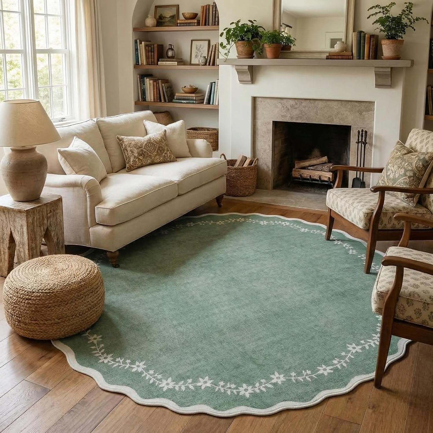 Scalloped round Area Rugs 8Ft for Living Room, Large Sage Green Washable Circle Rug Soft Non Slip Floral Print Floor Mat Carpet Indoor Thin Rug for Bedroom Dining Room Playroom Nursery