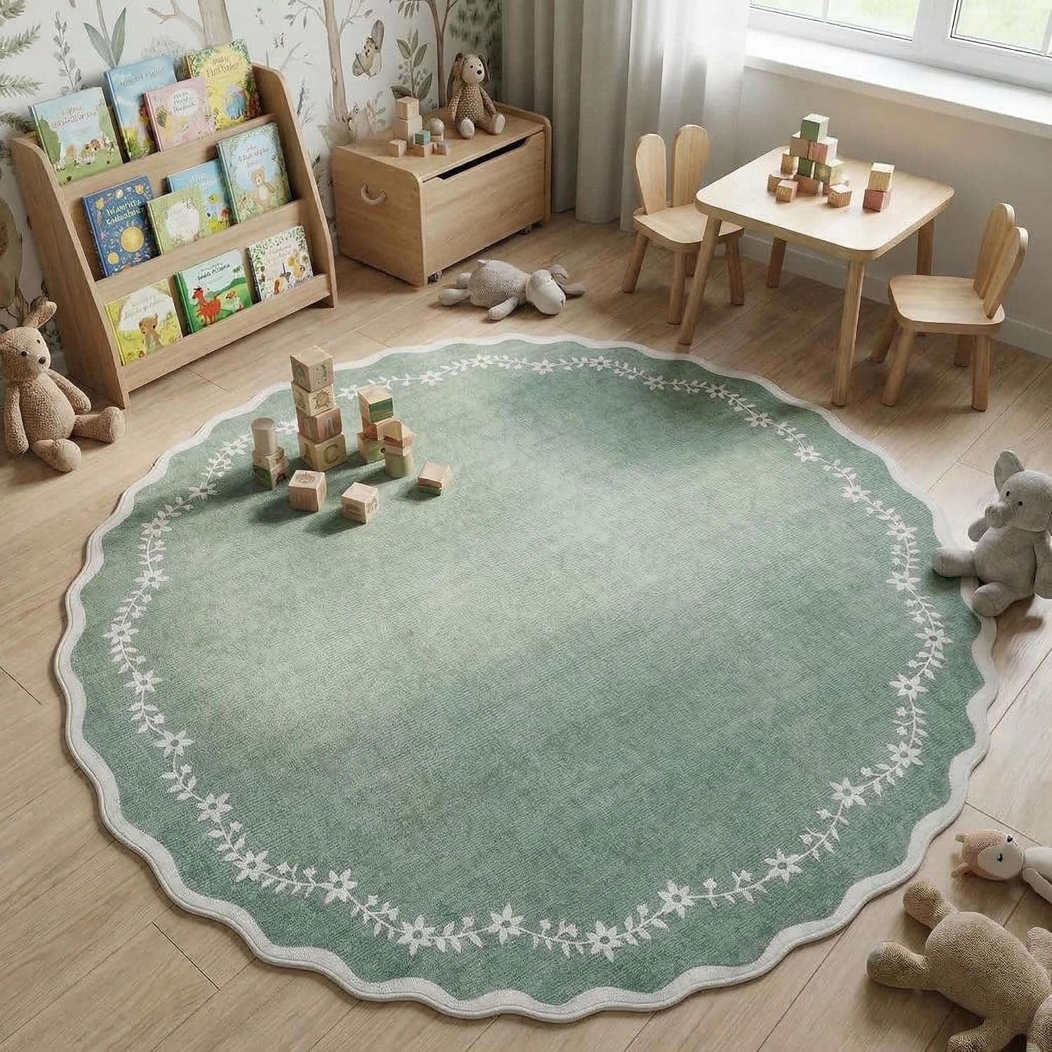 round Area Rugs 4Ft for Kids Room, Sage Green Scalloped Washable Circle Rug Soft Non Slip Floral Print Floor Mat Carpet Indoor Thin Tent Rug for Bedroom Dining Room Playroom Nursery - Image 8