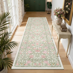 Pink and Green Beige 2.5X8 Runner Rug Washable Kitchen Rugs Non Slip Vintage Floral Boho Long Rug for Hallways Bedroom Entryway Bathroom Mat TPE Backing