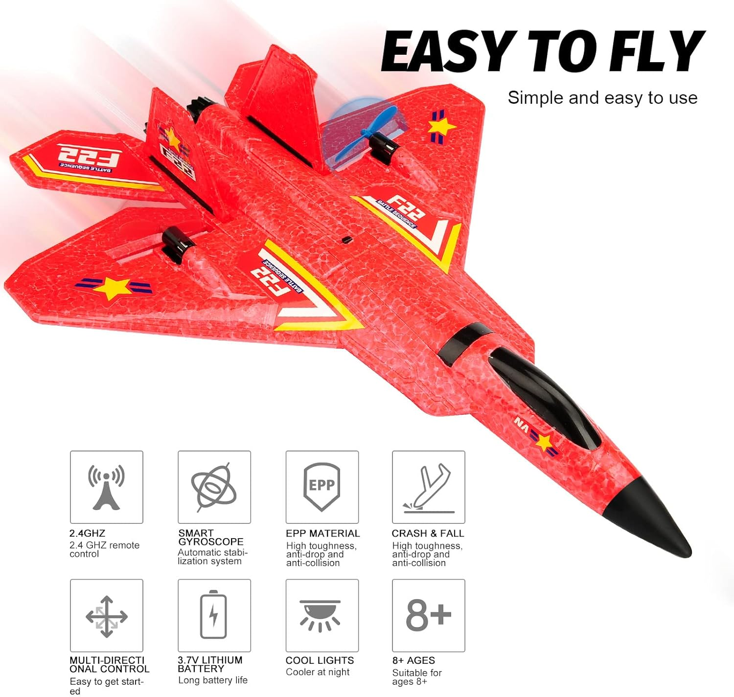 RC Plane, F22 RC Airplane Fighter Ready to Fly, 2.4Ghz 2 Channel Remote Control Plane, RC Airplanes Toy for Boys Girls Kids Beginners - Image 7