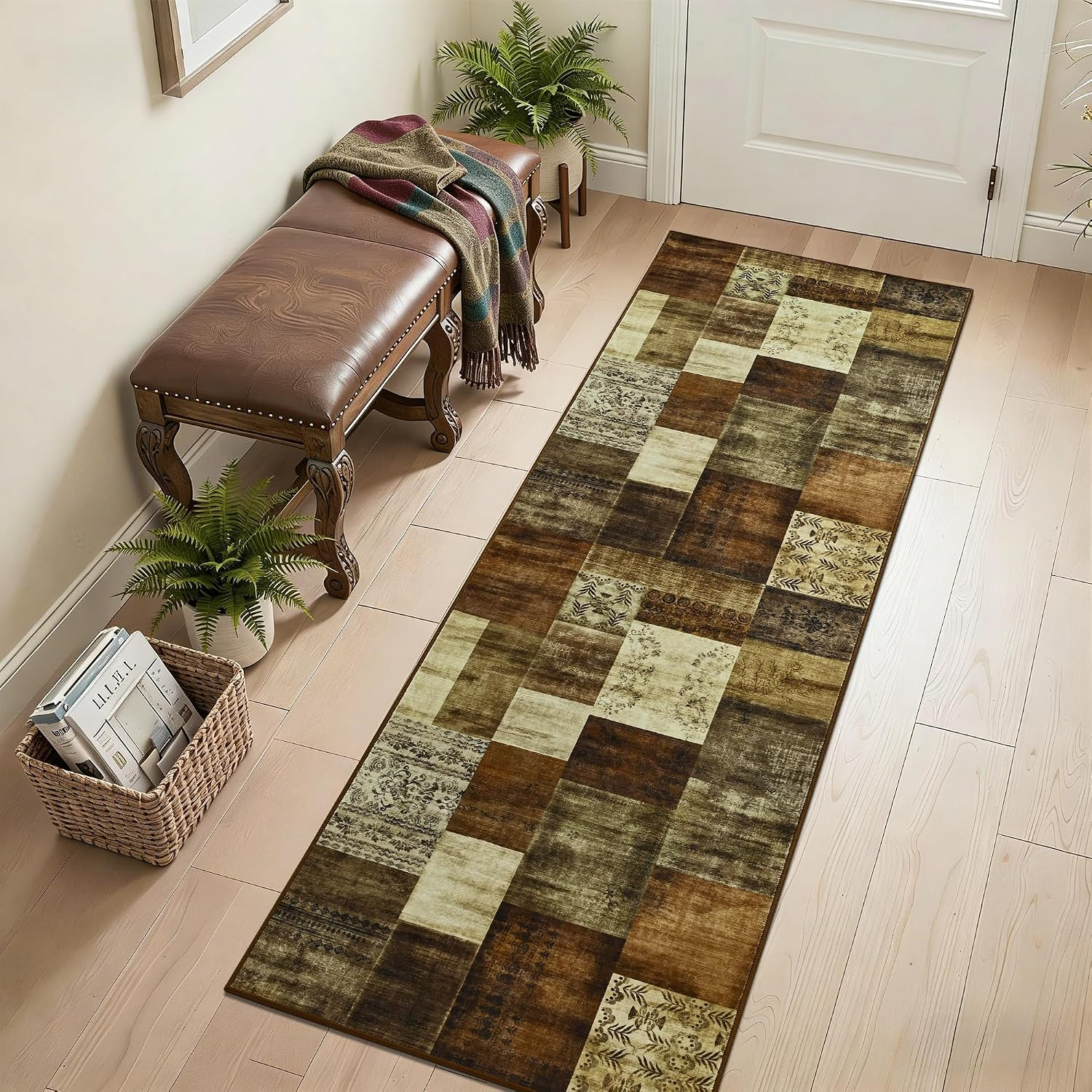 Modern Runner Rug for Living Room, 2X6 Washable Rugs for Bedroom Hallway, Geometric Patchwork Runner Rug Non-Slip Indoor Throw Carpet for Entryway Kitchen Office Home Decor, Brown - Image 6
