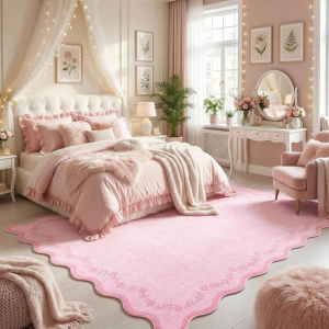 6X9 Scalloped Area Rug Pink Washable Rugs for Living Room Bedroom, Soft Low Pile Non Slip Accent Floor Mat Solid Floral Print Throw Rug Farmhouse Indoor Carpet for Dorm Playroom