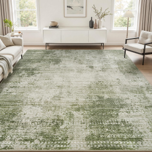 8X10 Area Rugs for Living Room Non Slip Machine Washable Rug Distressed Abstract Soft Indoor Carpet Neutral Boho Rug for Bedroom Dining Room Playroom Office, Green