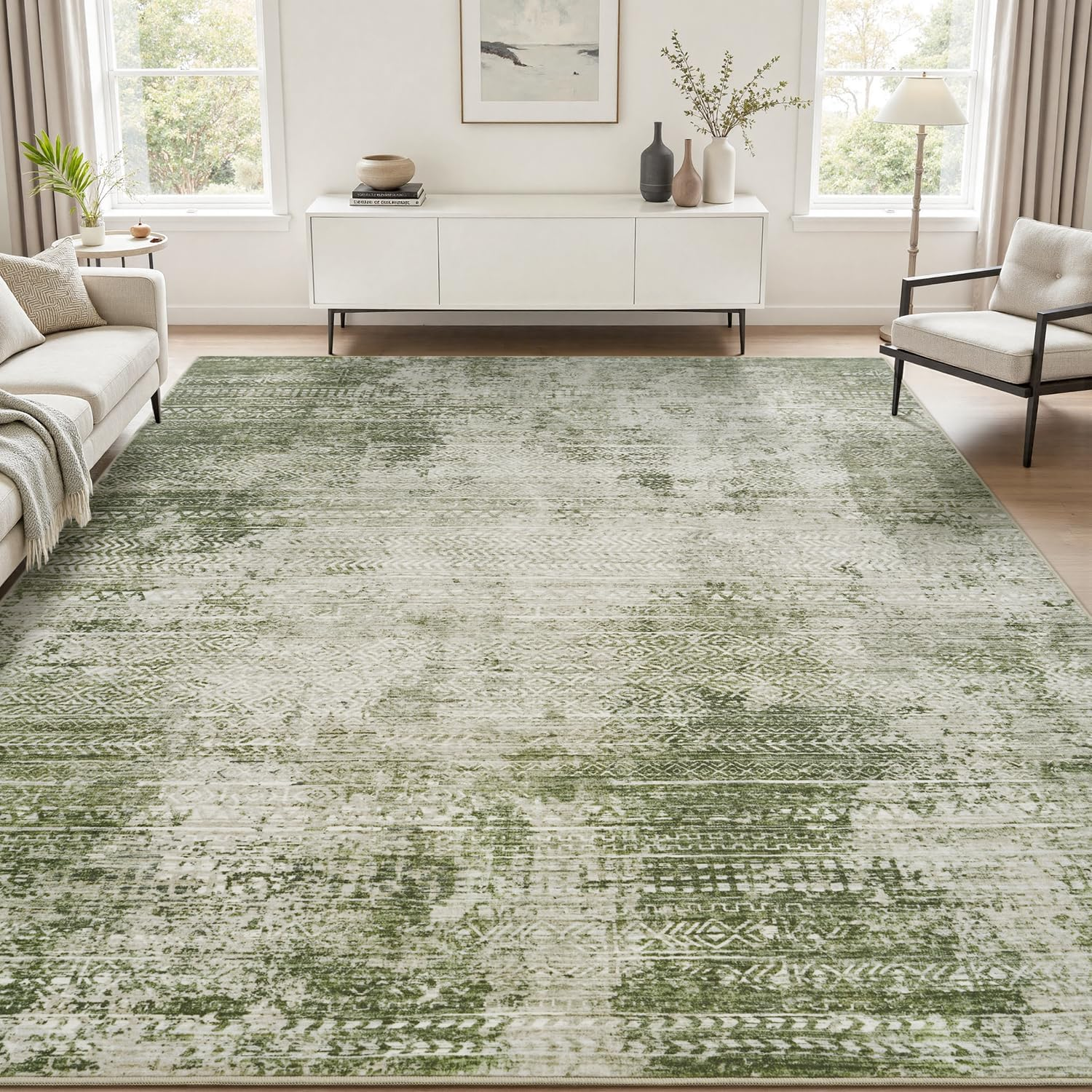 8X10 Area Rugs for Living Room Non Slip Machine Washable Rug Distressed Abstract Soft Indoor Carpet Neutral Boho Rug for Bedroom Dining Room Playroom Office, Green