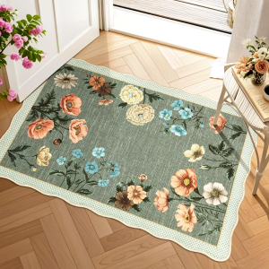 Floral Scalloped Entryway Rug, 2X3 Washable Boho Small Area Rug Non-Slip Low-Pile Indoor Front Door Mat Soft Throw Carpet for Entrance, Bedroom, Kitchen, Bath, Green