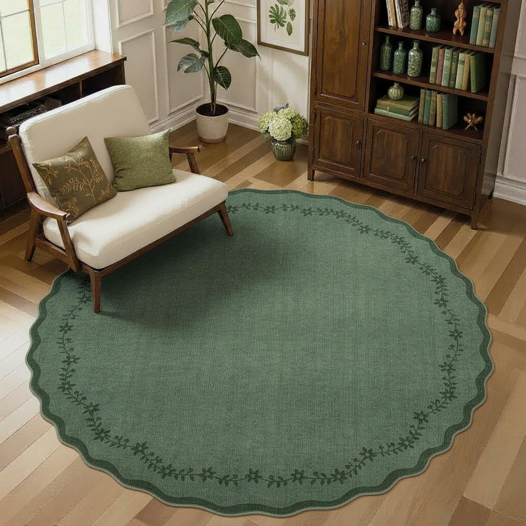 round Area Rugs 8Ft for Living Room, Large Solid Green Washable Circle Rug Soft Non Slip Forest Animal Print Floor Mat Carpet Indoor Thin Rug for Bedroom Dining Room Playroom Nursery