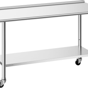 Stainless Steel Work Table, 24X60 Inch Food Prep Table with Wheels and Backsplash, Commercial Kitchen Workstation with Adjustable Undershelf, Metal Utility Worktable, for Restaurant Home Outdoor