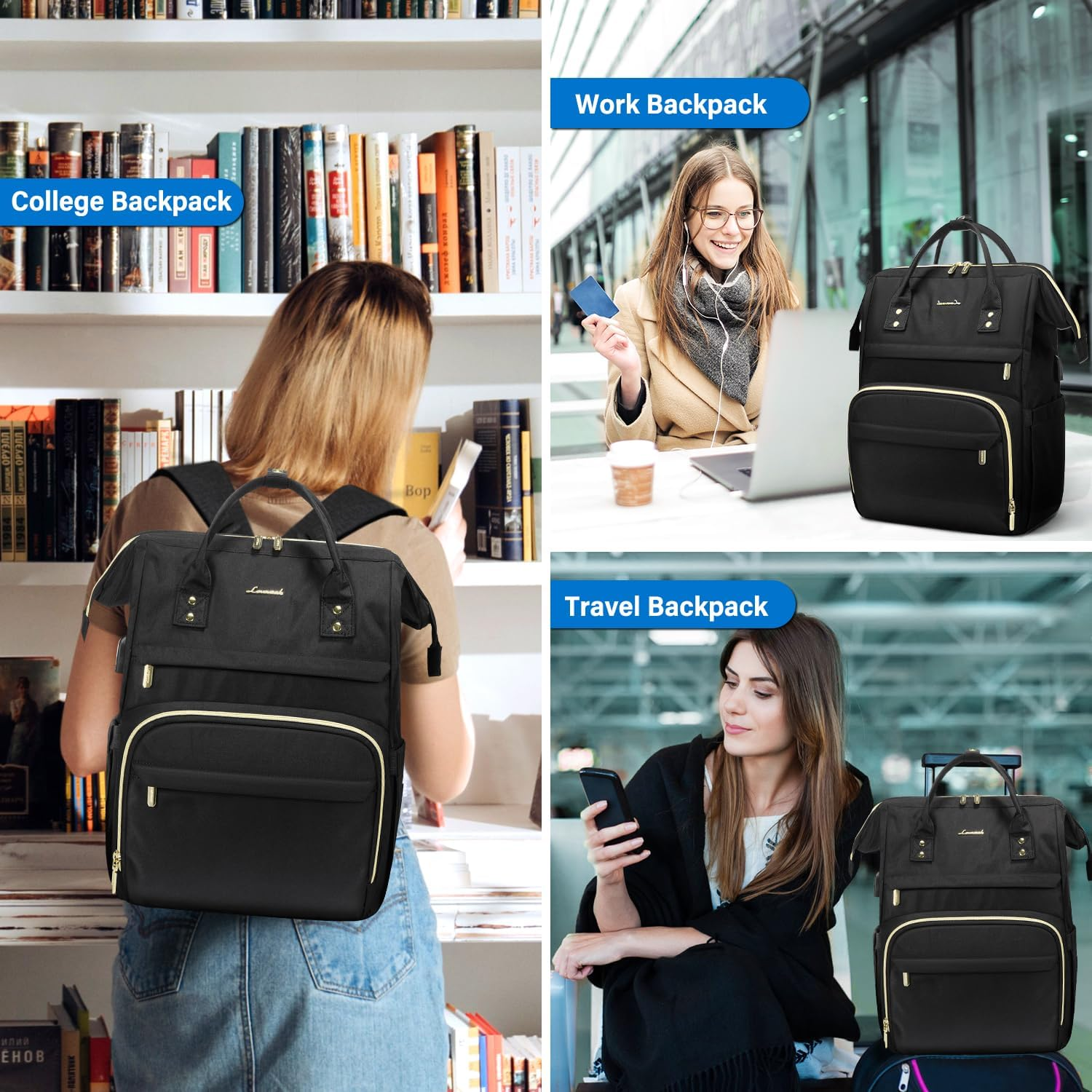 Laptop Backpack Women, 15.6 Inch Work Backpack Woman for Teacher Nurse Bags, Computer College Backpack Purse, Waterproof Anti-Theft Travel Back Pack with USB Charging Port, Black - Image 5