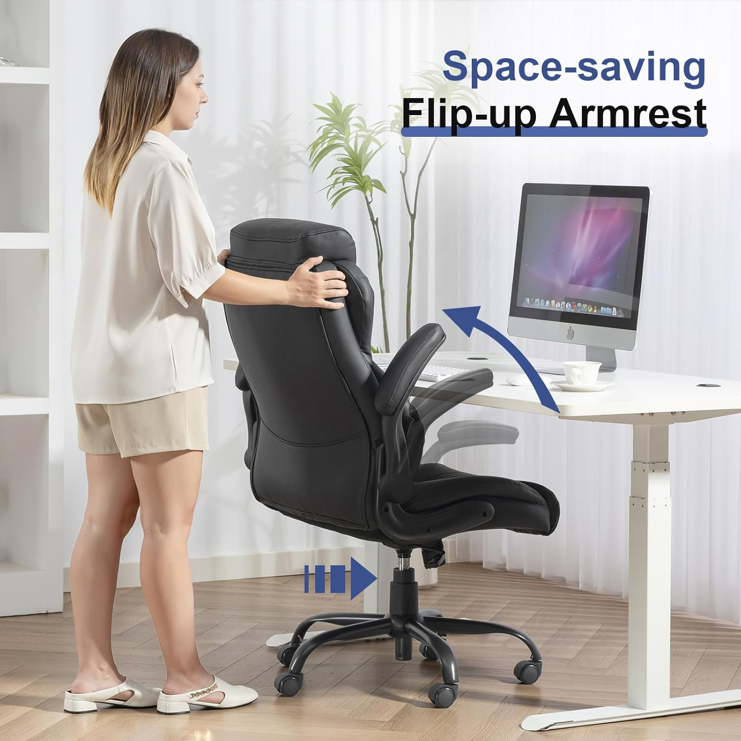 400LBS Big and Tall Office Chair, Heavy Duty Leather Executive Desk Chair with Padded Flip-Up Arms, Swivel Rolling Computer Chair for Home Office, Black - Image 5