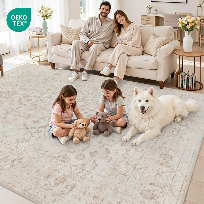 Area Rugs 9X12 Living Room: Vintage Boho Neutral Washable Rug Indoor Soft Large Area Rug Carpet for Bedroom Nursery Farmhouse Dining Room Office Floor Non-Slip Low Pile under Table Rug Warm Beige - Image 7