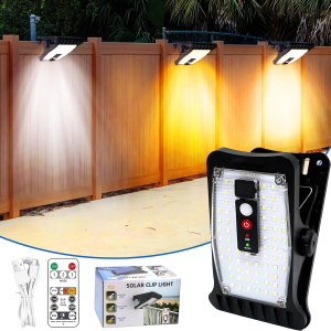 Clip on Solar Motion Sensor Lights Outdoor Waterproof with 70 Leds, 3 Color Temperature, USB & Remote Control, Solar Powered Lights for outside Chain Link Fence Garage Gutter Camping