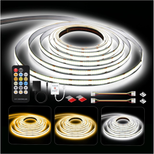 COB LED Strip Lights, Tunable White(2700K-6500K) COB LED Lights with 3040 Leds, 24V Adapter, RF Remote, Dimmable High Density Uniform LED Strip for Bedroom, Kitchen, Cabinet, CRI90+, 16.4Ft