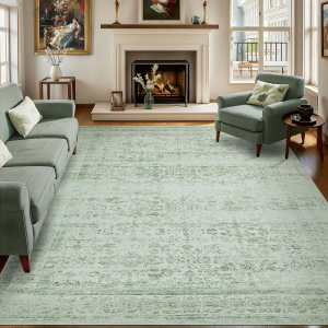 9X12 Vintage Washable Area Rug for Living Room,Low Pile Non Slip Carpet Non-Shedding Large Area Rug Soft Indoor Stain Resistant Rug Floral Print Mat for Bedroom Dining Room Sage Green
