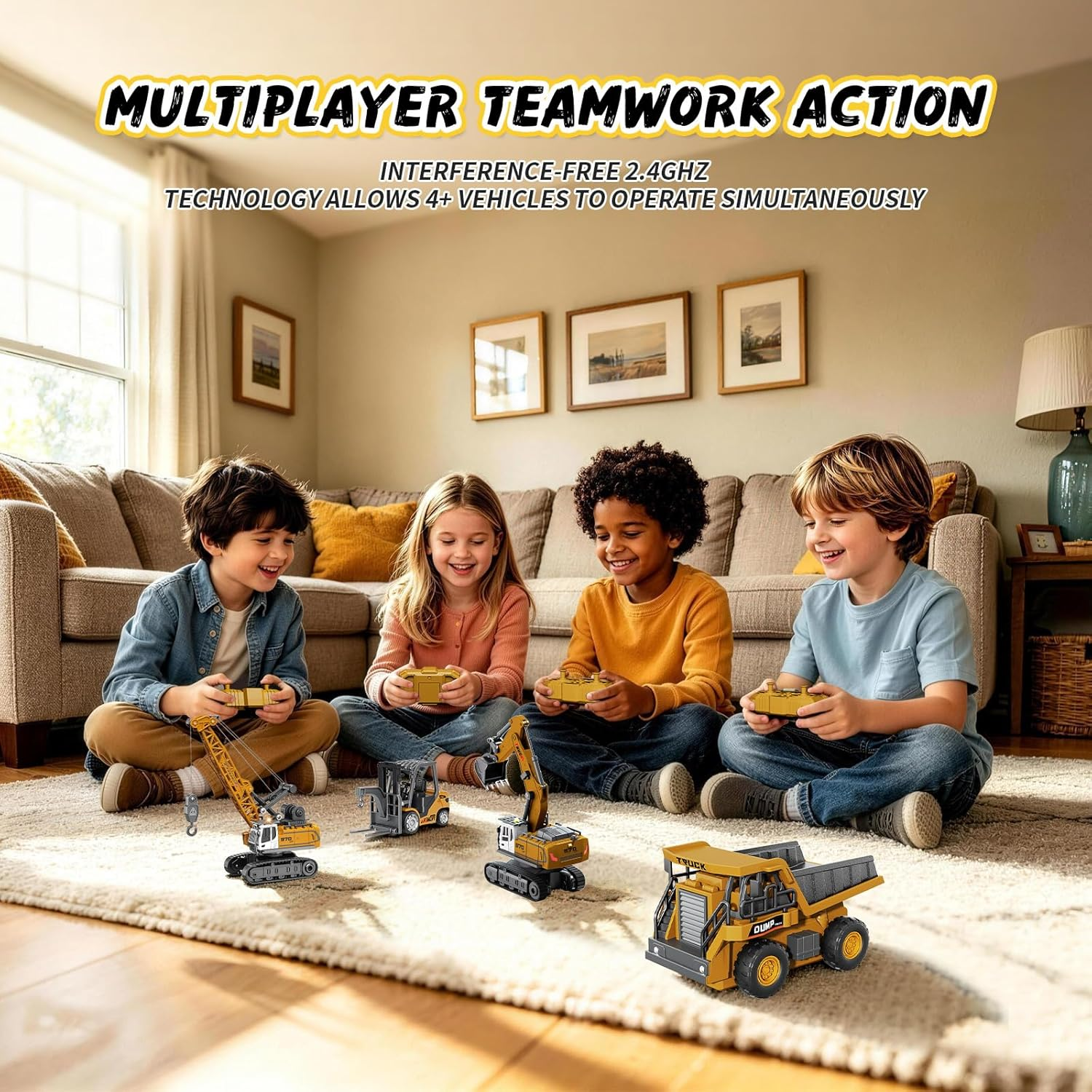 4 PCS RC Construction Vehicles Set with Mini Excavator Dump Truck Forklift and Crane USB Charge Real Lights & Sounds and Movable Parts & Traffic Sign Simulate True Scale Birthday Gifts for Kids Adults - Image 6