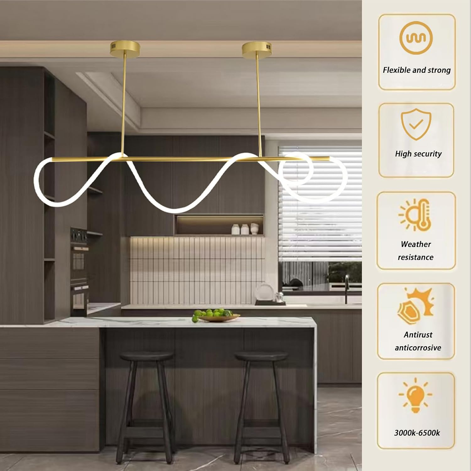 Modern Pendant Lights,Pendant Lights Kitchen Island,Remote Control Dimmable Chandelier Lights,Adjustable Height Led Pendant Light,For Dining Room,Billiard Room Chandeliers (Gold, 47.25In) - Image 4