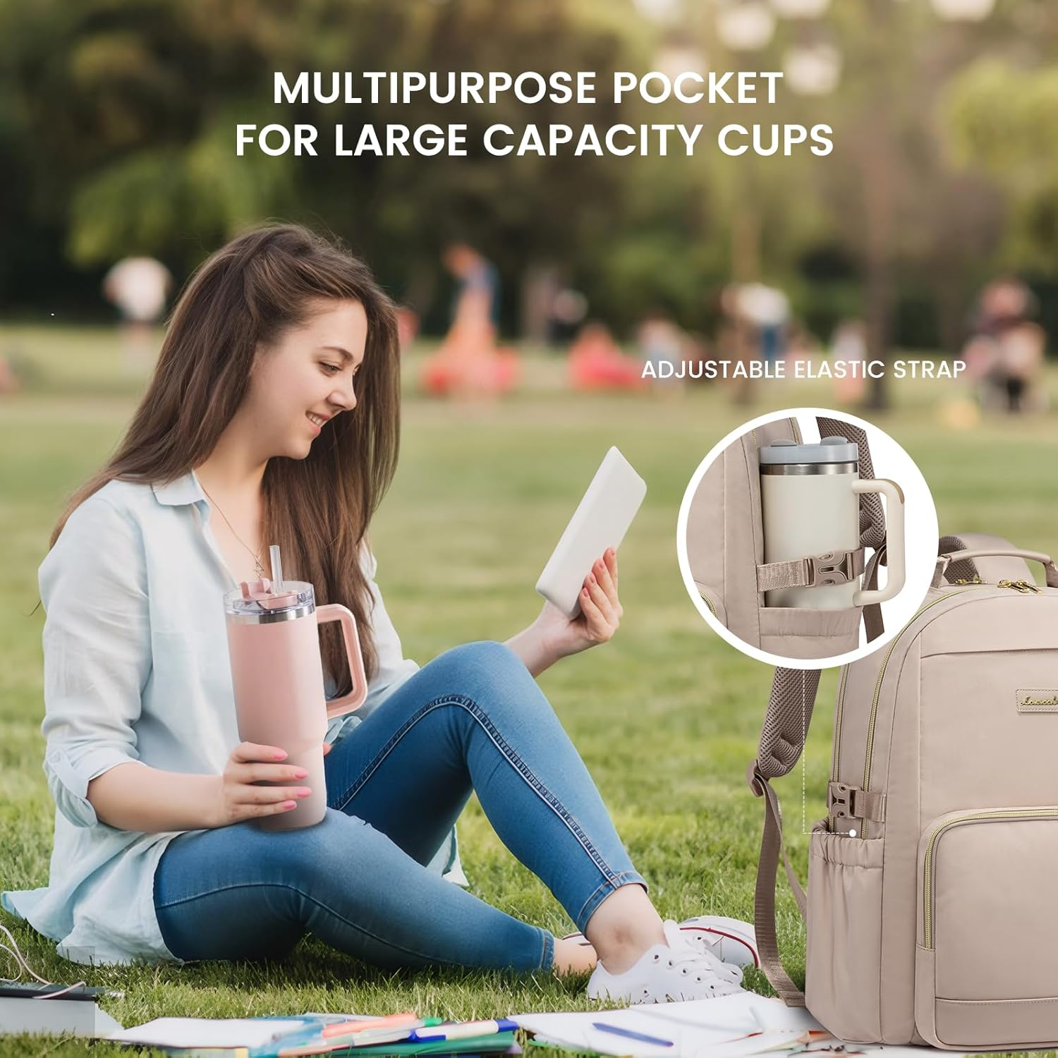 Laptop Backpack for Women with Pouch Pocket for Large Capacity Cup,15.6 Inch Laptop Computer Bag Travel Backpack Purse,Waterproof Work Business Backpack College Teacher Bags,Nude - Image 2