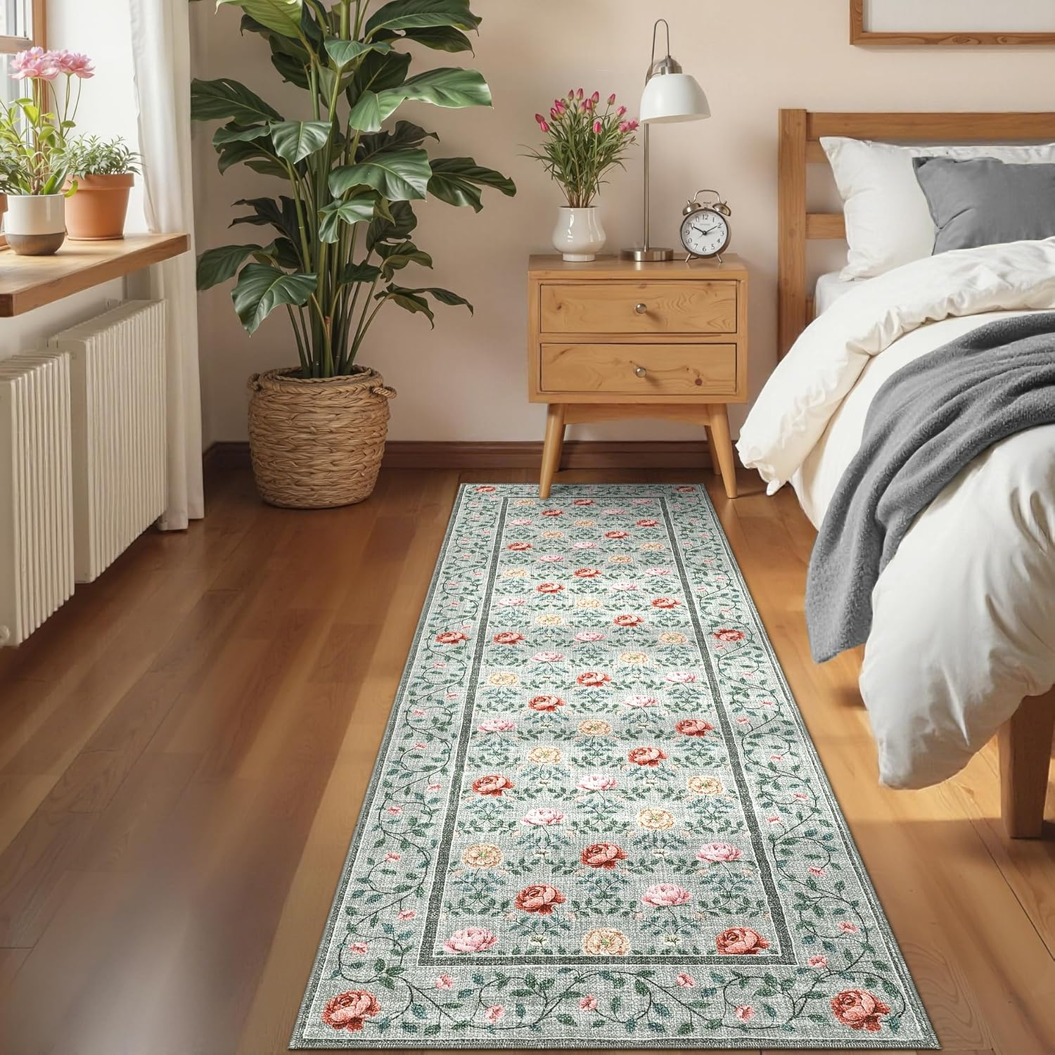 Runner Rug for Hallways 2X6 Kitchen Rugs, Non Slip Washable Vintage Floral Runners Soft Low Pile Botanical Print Stain Resistance Long Carpet for Entryway Bedroom, Grey Green - Image 2