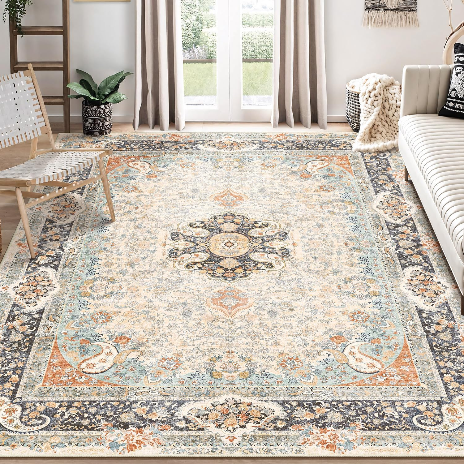 8X10 Area Rugs Washable,Vintage Rug for Living Room Bedroom Dining Room,Large Boho Bohemian Distressed Carpet Non Slip,Retro Blue Grey Floral