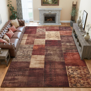 6X9 Area Rugs for Living Room, Washable Large Geometric Red Bedroom Rug, Modern Patchwork Carpet Indoor Non Slip Throw Rug for Dining Room Office Home Decor