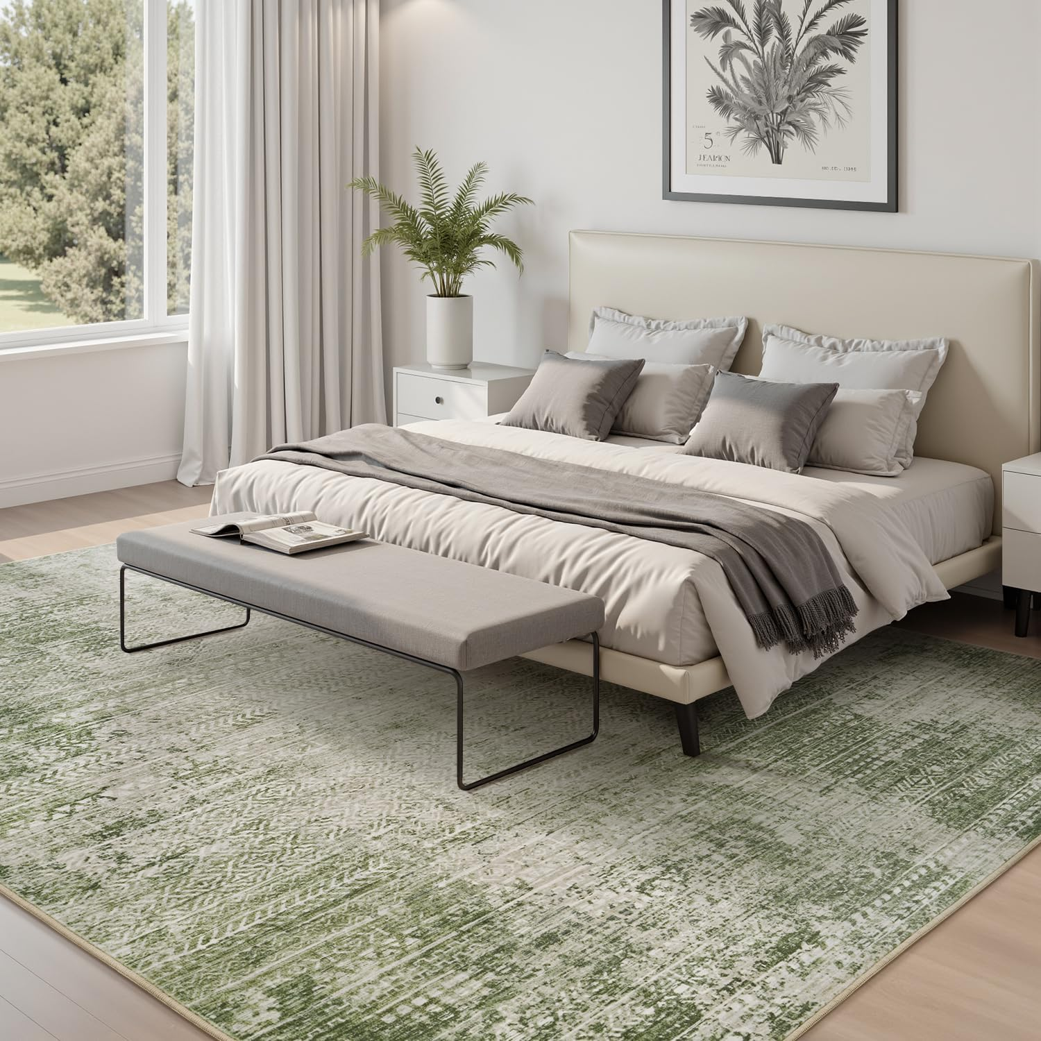 8X10 Area Rugs for Living Room Non Slip Machine Washable Rug Distressed Abstract Soft Indoor Carpet Neutral Boho Rug for Bedroom Dining Room Playroom Office, Green - Image 3