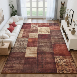 9X12 Area Rugs for Living Room, Washable Large Geometric Red Bedroom Rug, Modern Patchwork Carpet Indoor Non Slip Throw Rug for Dining Room Office Home Decor