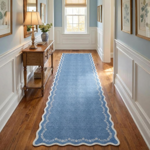2.6X10 Scalloped Washable Runner Rug for Kitchen, Soft Blue Long Hallway Runner Non Slip Entryway Rug Farmhouse Thin Laundry Mat Stain Resistant Carpet for Bathroom beside Rug