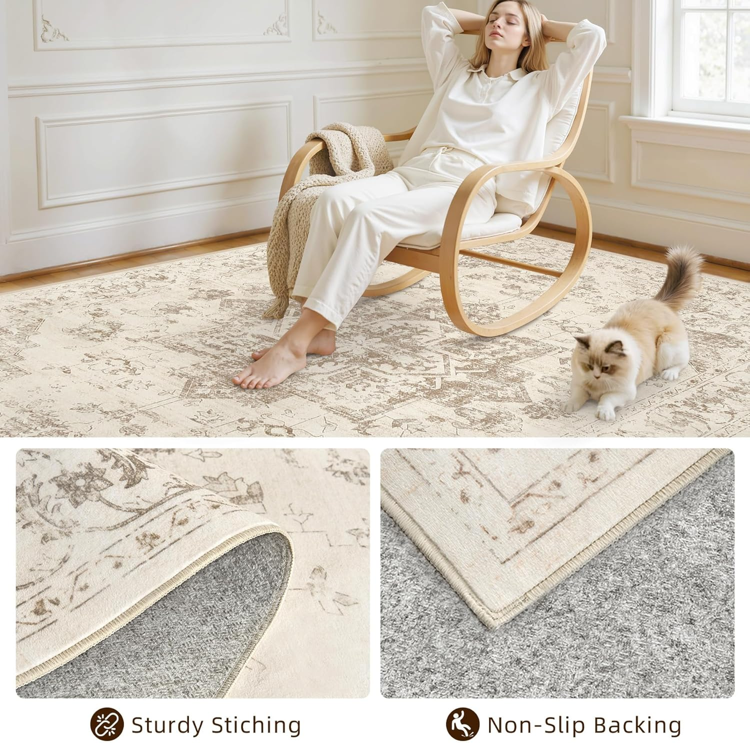 Area Rugs 9X12 Living Room: Vintage Boho Neutral Washable Rug Indoor Soft Large Area Rug Carpet for Bedroom Nursery Farmhouse Dining Room Office Floor Non-Slip Low Pile under Table Rug Beige/Ivory - Image 4