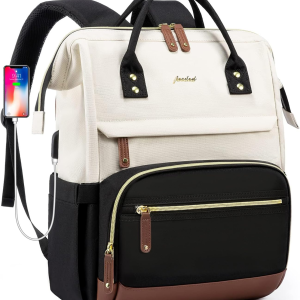Laptop Backpack for Women, 17 Inch Work Business Backpacks Purse with USB Port, Large Capacity Doctor Nurse Bag Backbag, Waterproof Casual Daypack for Travel,Black-White-Brown