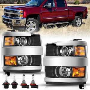 Headlight Assembly Fits for 2015 2016 2017 2018 2019 Chevy Silverado 2500HD 3500HD Headlamp Projector Halogen OE Factory Style Replacement Pair Driver & Passenger Side with Bulbs