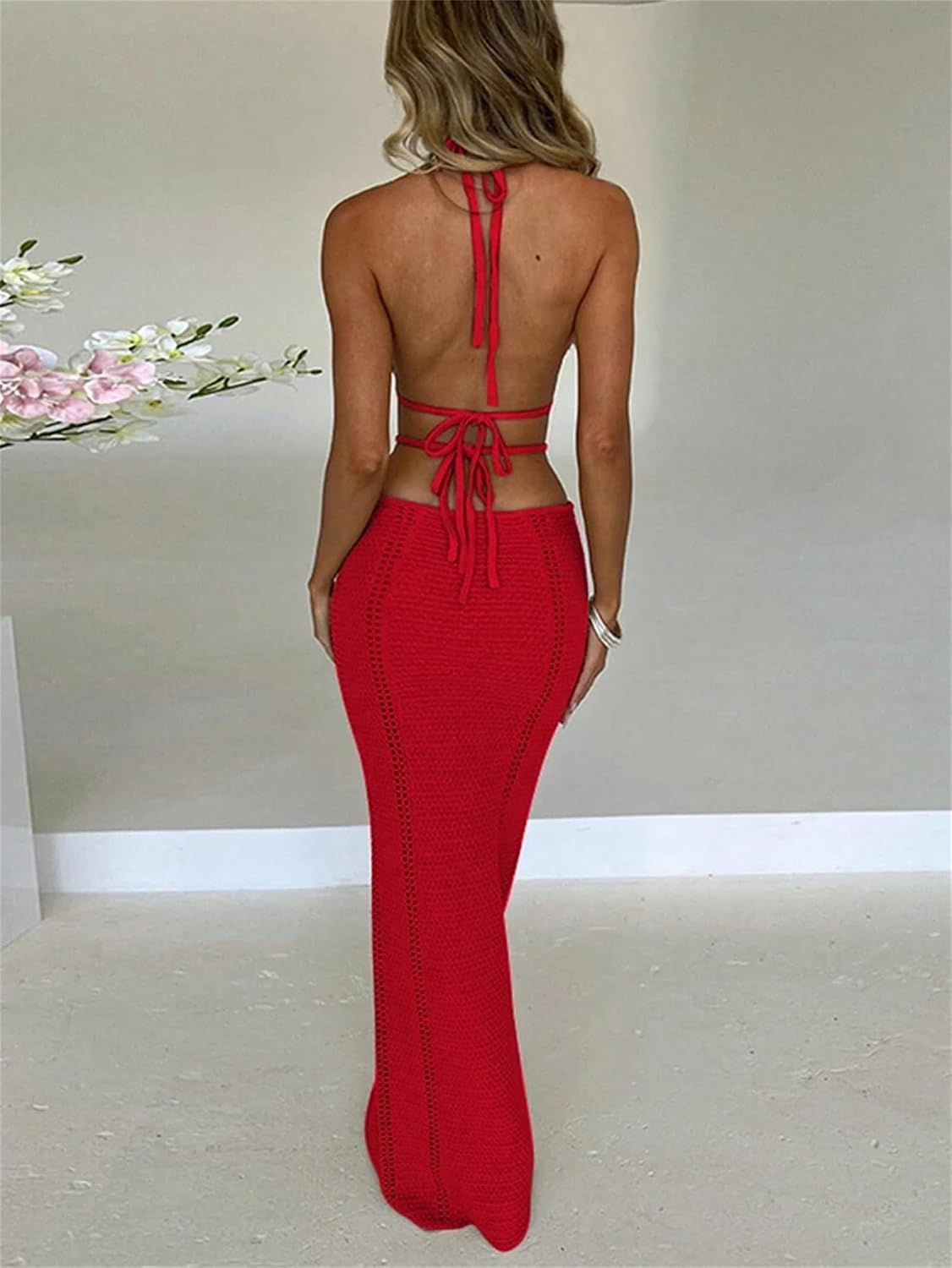 Women Sexy Crochet Maxi Dress Cut Out Halter V Neck Backless Knit Bodycon Long Dress Summer Beach Evening Party Dresses - Image 2