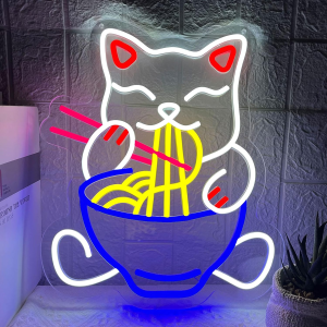 Fortune Cat Ramen Neon Sign, 15.3”X13”Japanese Lucky Cat Noodle LED Light Signs for Ramen Restaurant, Dimmable Anime Ramen Cat Neon Lights up Living Room, Wall Decor, Home Bar, Kitchen Restaurant Dining