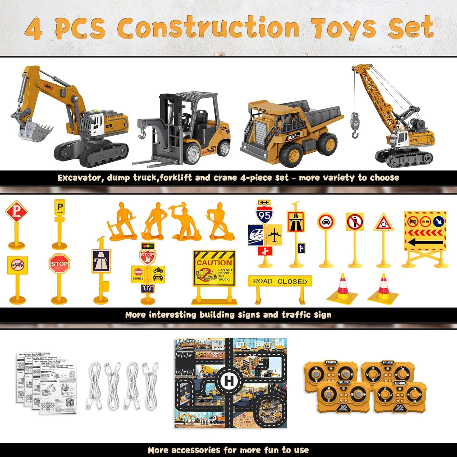 4 PCS RC Construction Vehicles Set with Mini Excavator Dump Truck Forklift and Crane USB Charge Real Lights & Sounds and Movable Parts & Traffic Sign Simulate True Scale Birthday Gifts for Kids Adults - Image 8