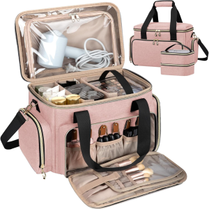 Large Makeup Bag, Portable Travel Makeup Bag Organizer for Women Girls with 2 Removable Pouches & Detachable Dividers, Cosmetic Travel Bag, Toiletry Bag for Makeup and Hair Supplies Pink