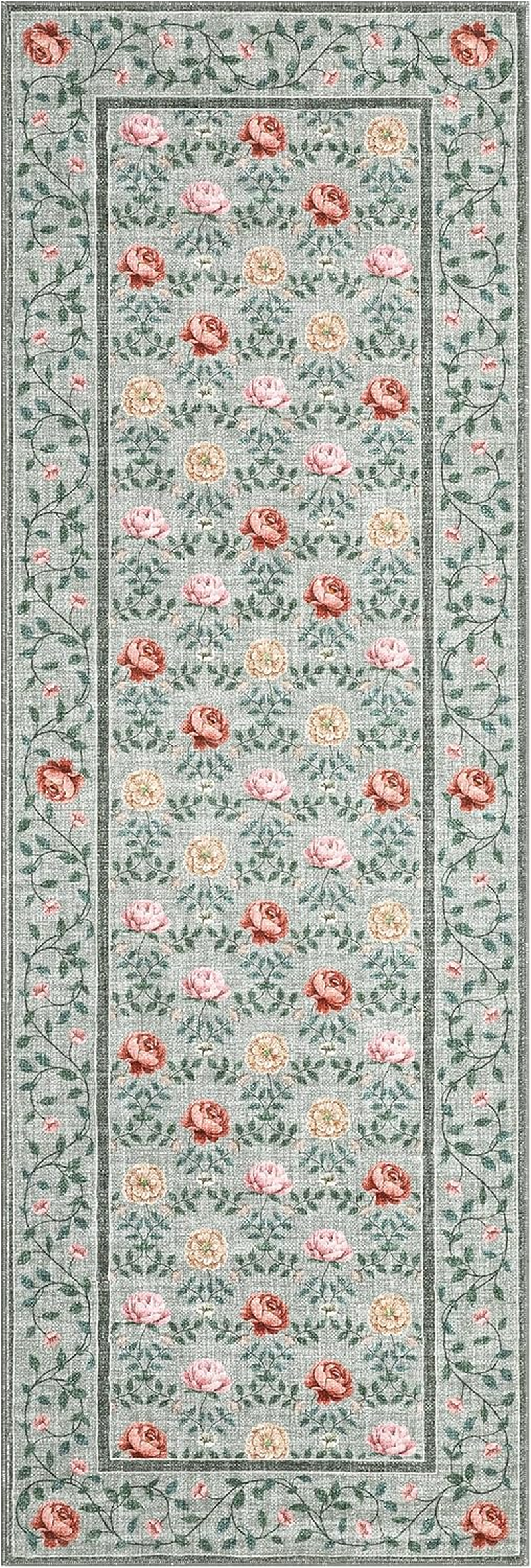 Runner Rug for Hallways 2X6 Kitchen Rugs, Non Slip Washable Vintage Floral Runners Soft Low Pile Botanical Print Stain Resistance Long Carpet for Entryway Bedroom, Grey Green - Image 4