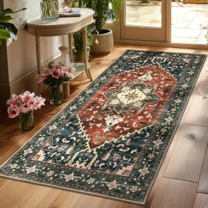 Washable Runner Rug, 3X6 Non-Slip Boho Vintage Hallway Rug with Rubber Backing, Low Pile Faux Wool Distressed Carpet Runner for Bedroom, Kitchen, Laundry, Entrance