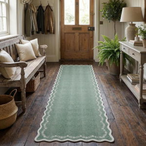 2X6 Scalloped Washable Runner Rug for Kitchen, Sage Green Hallway Runner Non Slip Entryway Rug Farmhouse Thin Laundry Mat Stain Resistant Carpet for Bedroom Bathroom beside Rug