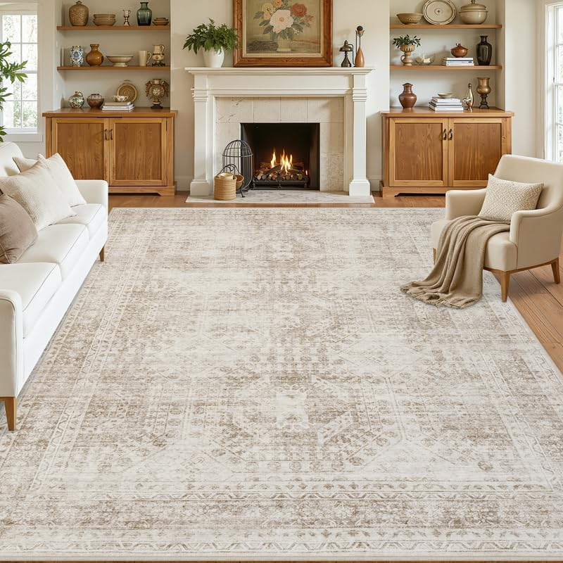 Area Rugs 9X12 Living Room: Vintage Boho Neutral Washable Rug Indoor Soft Large Area Rug Carpet for Bedroom Nursery Farmhouse Dining Room Office Floor Non-Slip Low Pile under Table Rug Brown - Image 8