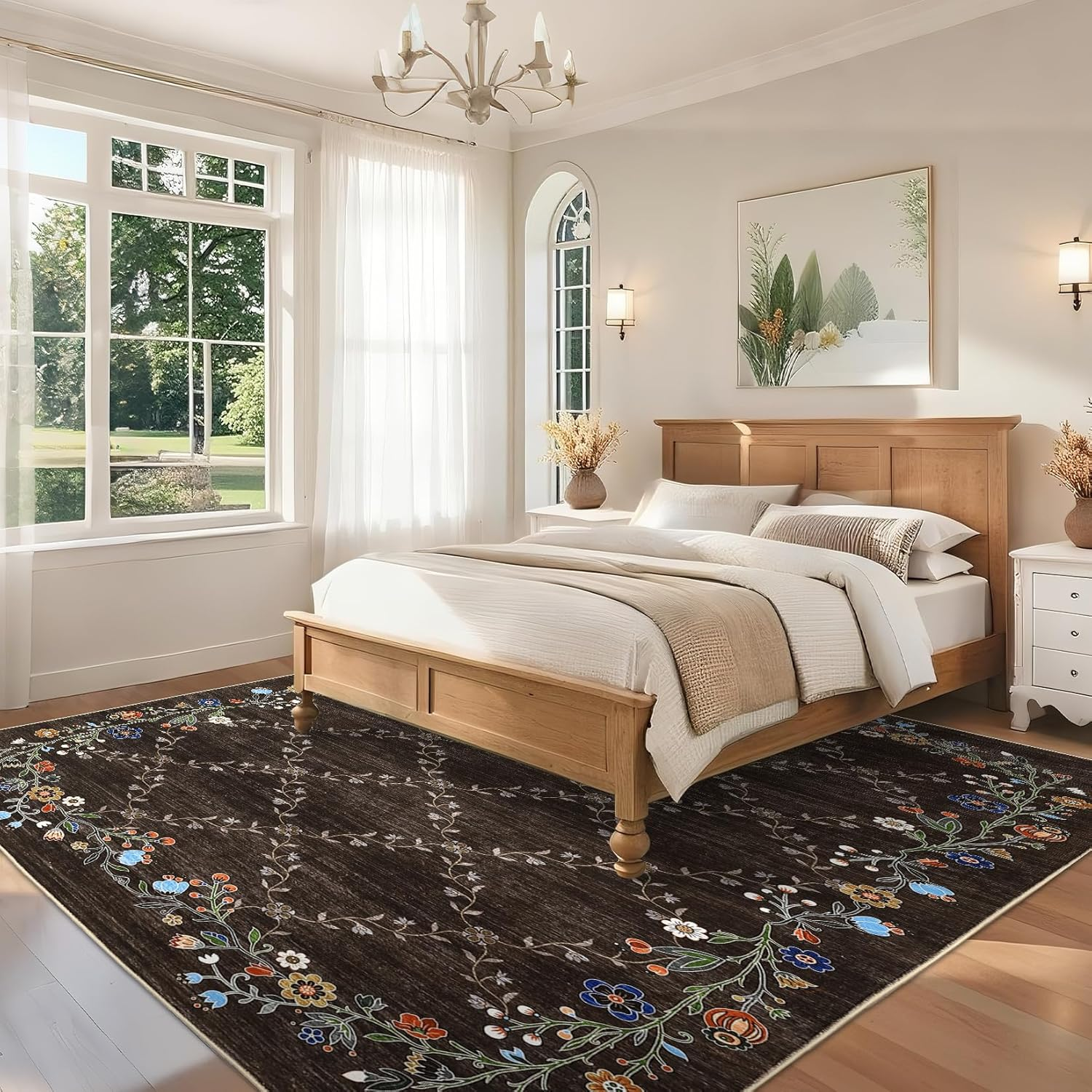 8X10Ft Floral Washable Area Rug, Brown Vintage Boho Low Pile Non Slip, Soft Indoor Large Rug for Living Room, Bedroom, Dining Room, Office - Image 9