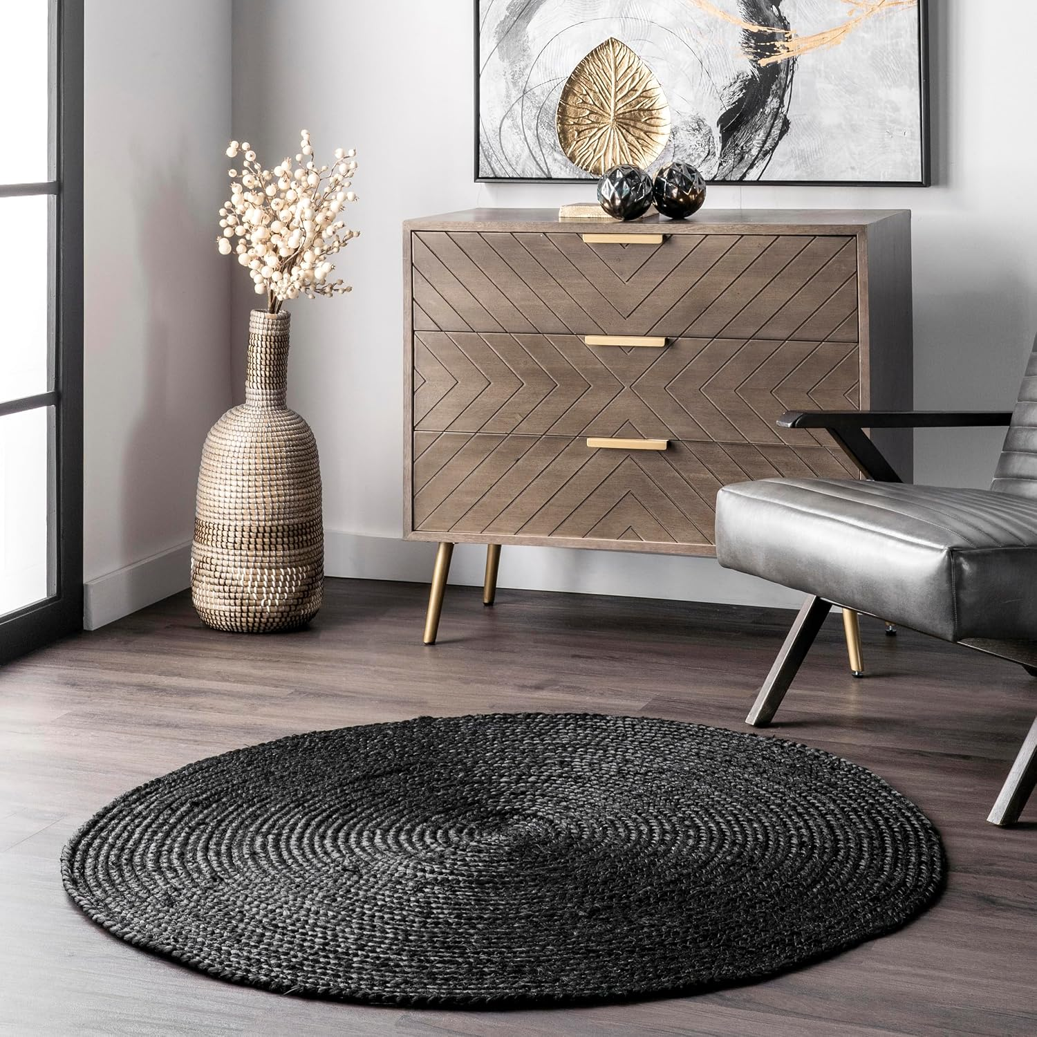8 round Rigo Jute Hand Woven Area Rug, Black, Solid Farmhouse Design, Natural Fiber, for Bedroom, Living Room, Dining Room, Hallway, Office, Kitchen, Entryway