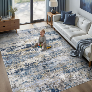 Area Rugs 5X7 for Living Room: Washable Rug Modern Abstract Neutral Soft Non-Slip Low-Pile Indoor Carpet for Bedroom Dining Room Playroom Home Office (Blue Grey Brown, 5'X7')