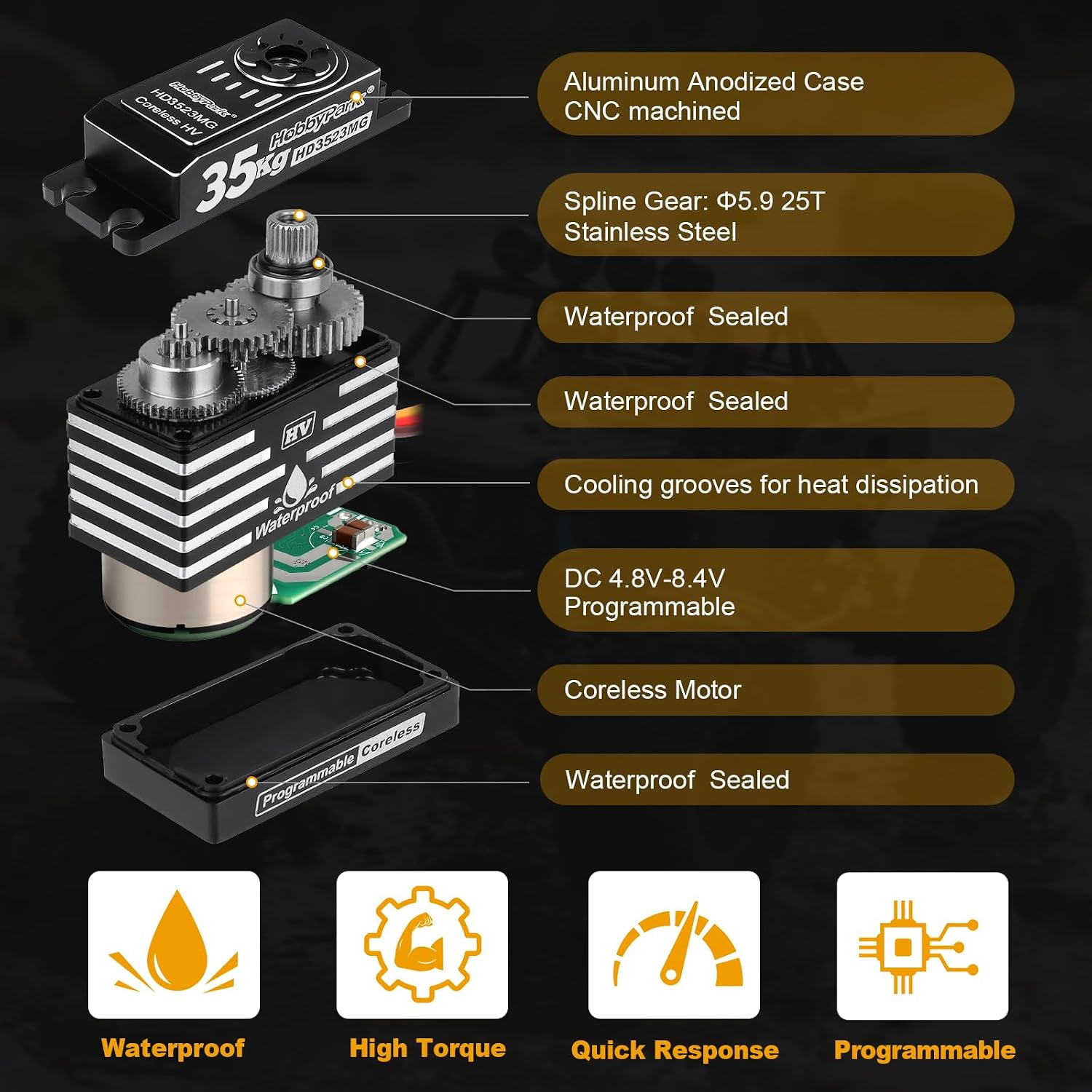 Waterproof RC Servo High Torque Coreless Motor Metal Gear Digital Servo Aluminum Case Parts for 1/8 1/10 RC Crawler RC Truck RC Car Buggy Basher Bashing Control Angle 180° (35Kg Torque) - Image 3